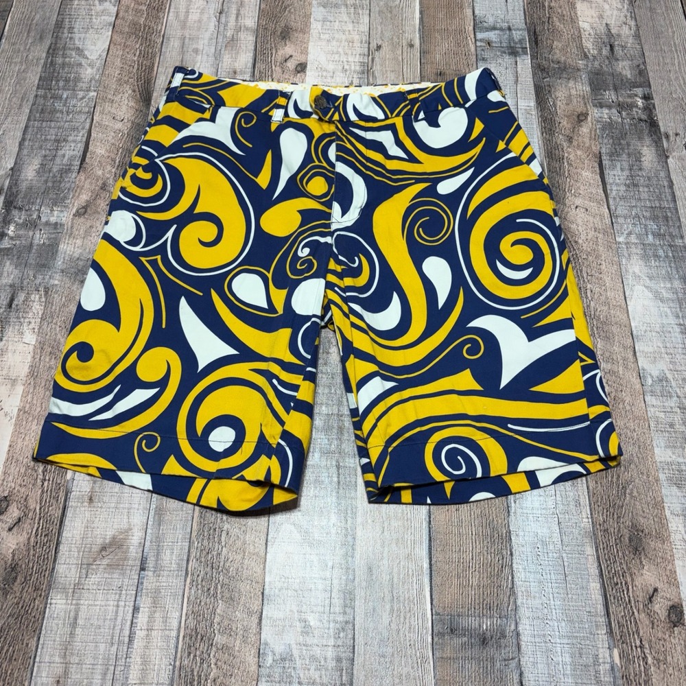 Loudmouth Golf Shorts Mens 36 Yellow Navy Blue White Swirl Psychedelic Golfing